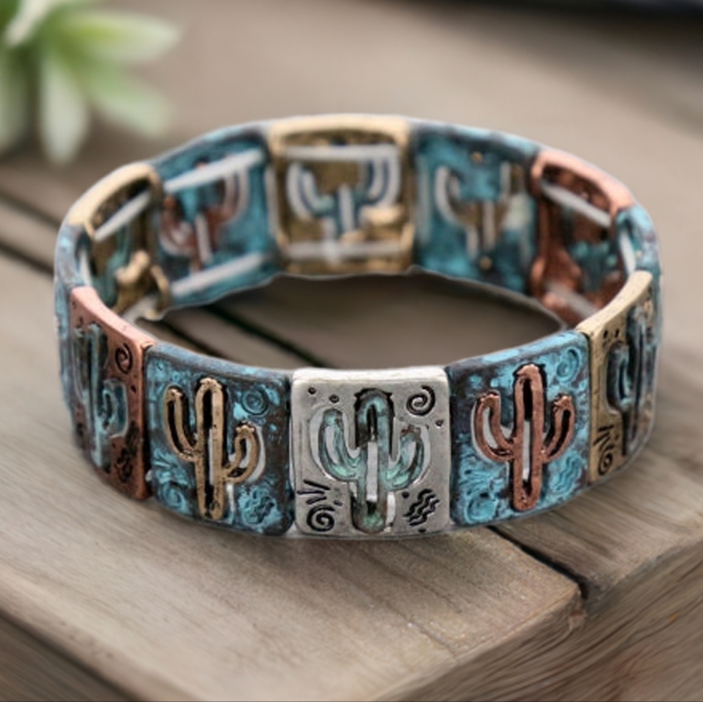 Nwt Silver Western Cactus Stretch Bracelet